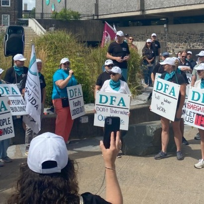 Professors and students protest outside the Killam Library at Dalhousie University in Halifax, Nova Scotia, on Tuesday, Aug. 26, 2025. (Jonas May/The Dalhousie Gazette)
