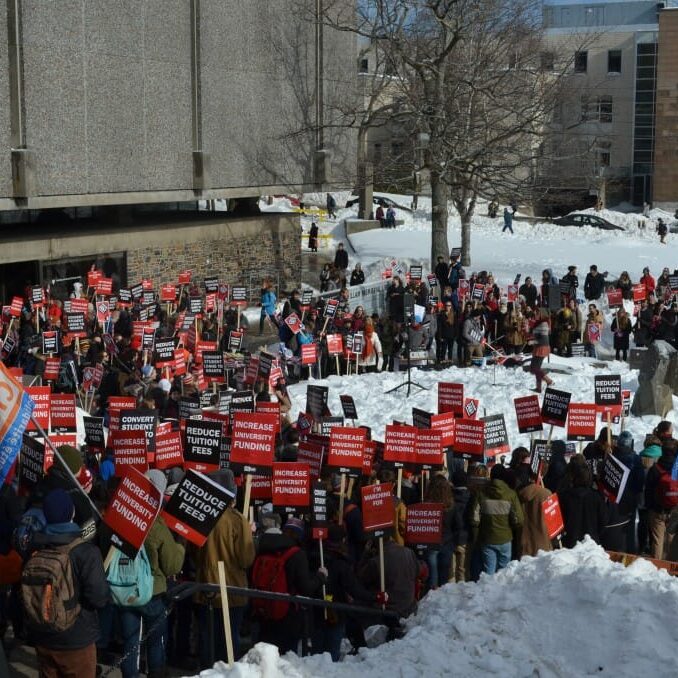 Dalhousie and King's students gathered in front of the Killam on the Day of Action. (Photo by Mat Wilush)