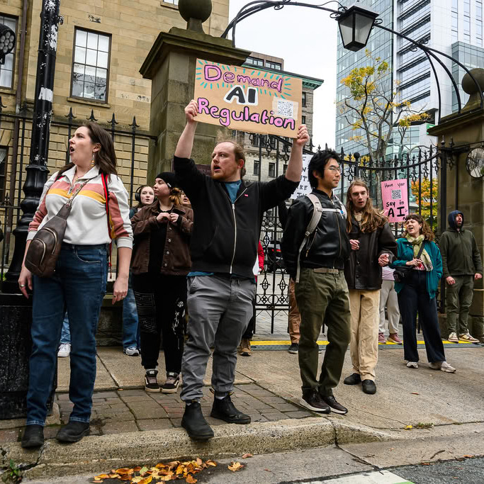 Protesters gather outside Province House in Halifax against an AI data centre being built in Point Tupper N.S. on Oct. 17, 2026. (Ian Seckler/The Dalhousie Gazette)