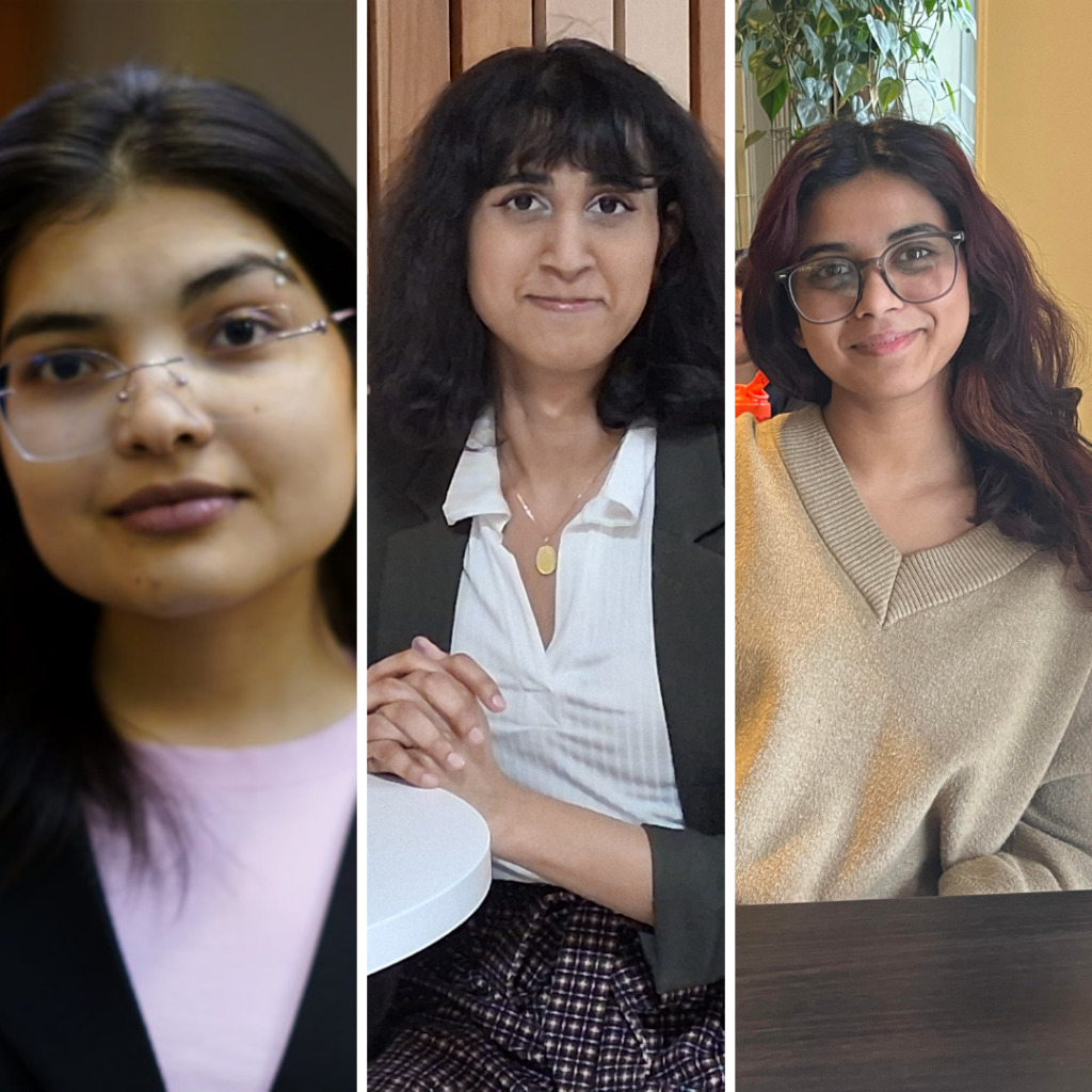 DSU preliminary executive election winners, from left, Opry Dey, Anjali Seshadri and Suha Manal, pose for a photo in Halifax on Oct. 1, 2026. (The Dalhousie Gazette)