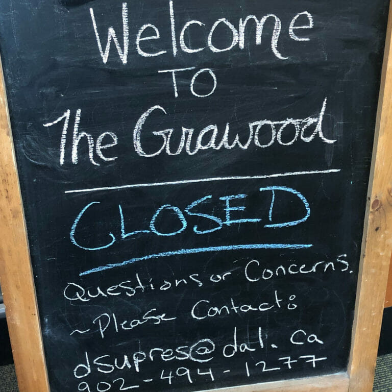 In this image: An easel stating The Grawood is closed.
