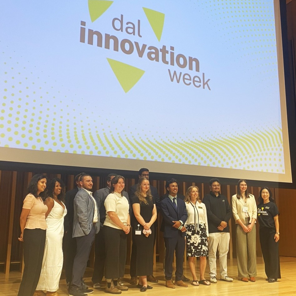 A group of people pose for a photo during Dal Innovation Week in the Rowe Building in Halifax, Nova Scotia, on Wednesday, Sept. 24, 2025. (Hannah Schneider/Dal Gazette)