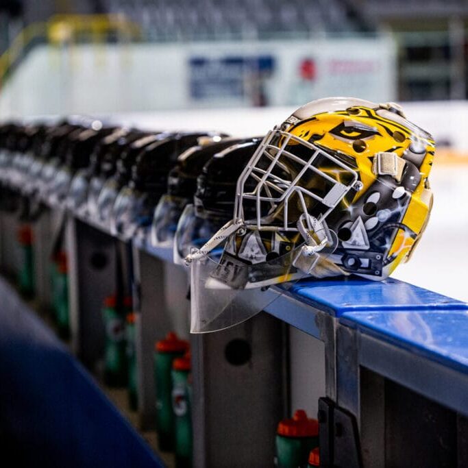 The Dal men's hockey team's helmets lined up on the bench. Image credit: Dal Tigers photo gallery