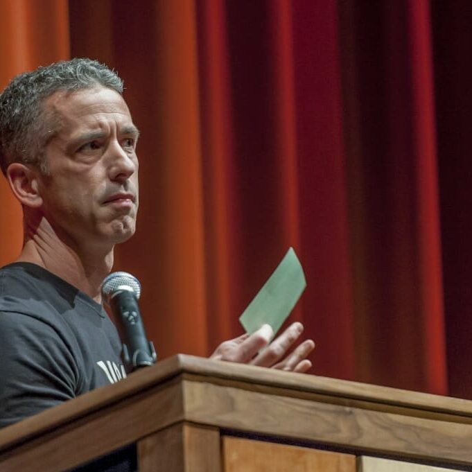 Dan Savage, visibly disturbed by Halifax's questions (photo by Chris Parent) 