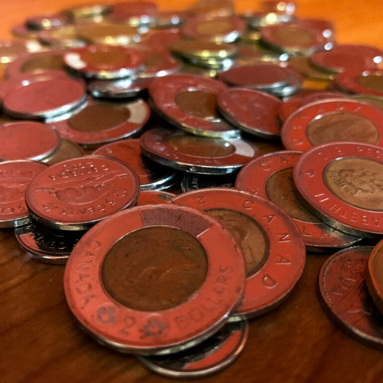 In this image: A pile of Canadian coins.