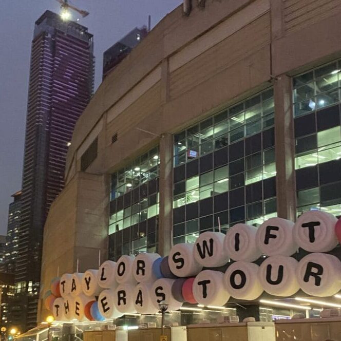 A friendship bracelet hung outside the Rogers Centre in Toronto, Ontario during Swift’s six nights of shows. (Image credit: Emily Schneider)