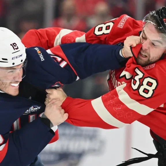 Team USA's Matthew Tkachuk fights with Brandon Hagel of Team Canada during the first period in the 4 Nations Face-Off game at the Bell Centre on February 15 in Montreal. Photo by Minas Panagiotakis/Getty Images.