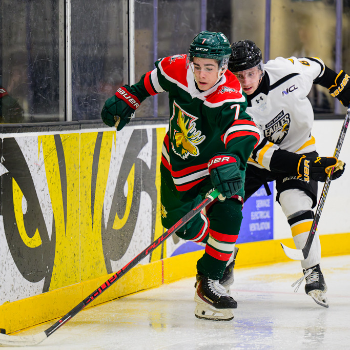 Jamie Callas of the Halifax Mooseheads battles along the boards for a loose puck at a QMJHL pre-season game against the Cape Breton Eagles on August 21, 2026, at the Oulton-Stanish Centre in Halifax. (Submitted: Trevor MacMillan/Halifax Mooseheads)