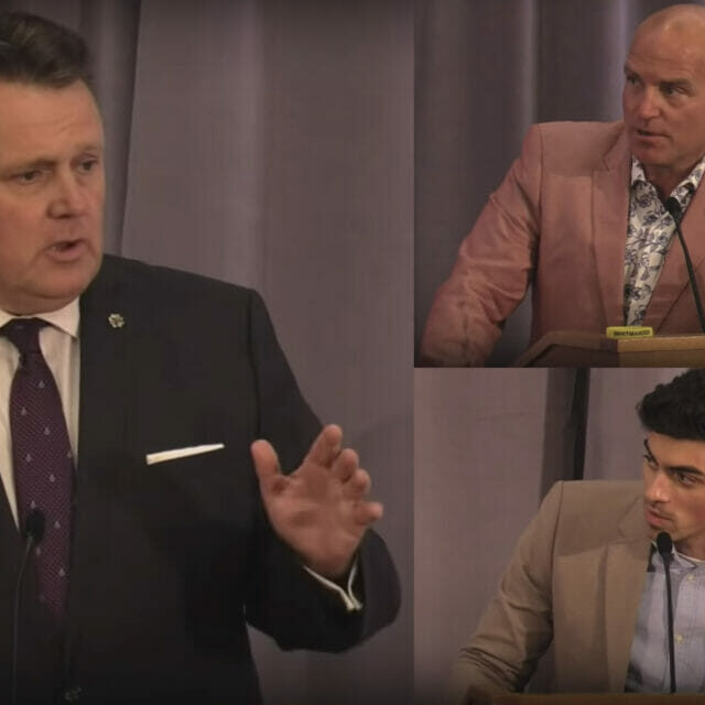 The three mayoral candidates, Mike Savage (left), Matt Whitman (top right) and Max Taylor (bottom right),  for the upcoming election in Halifax during the streamed Sept. 16 debate.