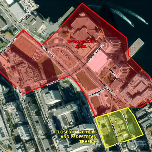 Evacuation map posted by the Halifax Regional Police on their X account. Pedestrians are urged to avoid the area. (Image courtesy of HfxRegPolice/X)