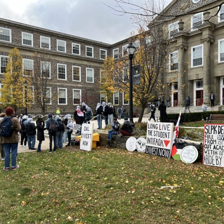 Protestors gather outside the Henry Hicks building on Tuesday, Nov 26, 2024. Protestors occupied the building, demanding Dalhousie’s Board of Governors vote to divest the university’s financial ties from Israel. Image by Calvin Borghardt