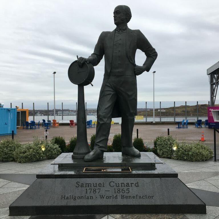 In this image: Samuel Cunard's statue on the Halifax Waterfront.