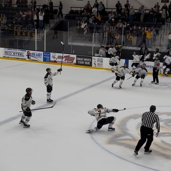 Joel Sexsmith of the Dalhousie Tigers scoring the game winning goal in overtime at the Oulton-Stanish Centre on September 26, 2026. Image taken by Dylan Buckman
