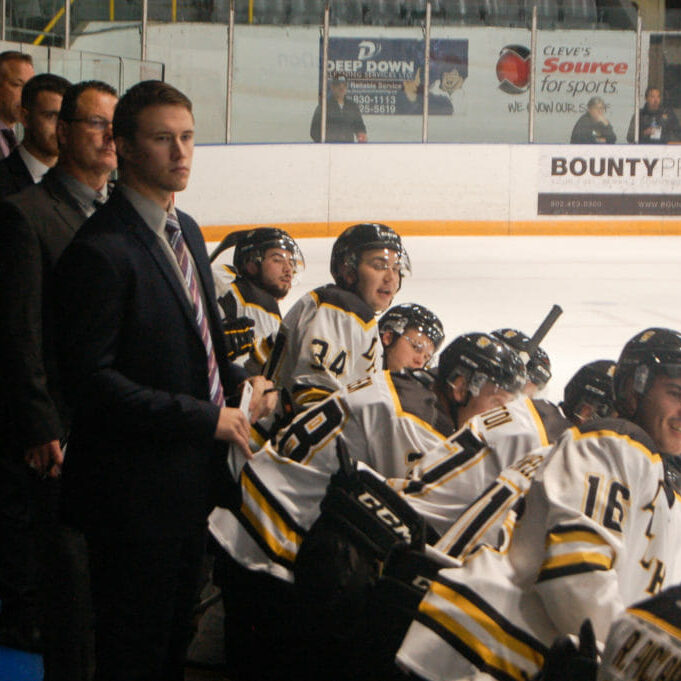 In this image: The Tiger's men's hockey team coaches and players at a game.