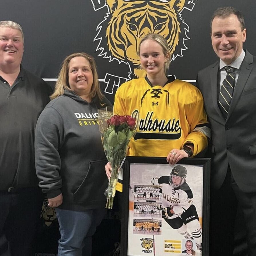 Olivia Eustace celebrates her last season with the Tigers before she graduates this spring. Image credit: Dal Women’s Hockey on Instagram