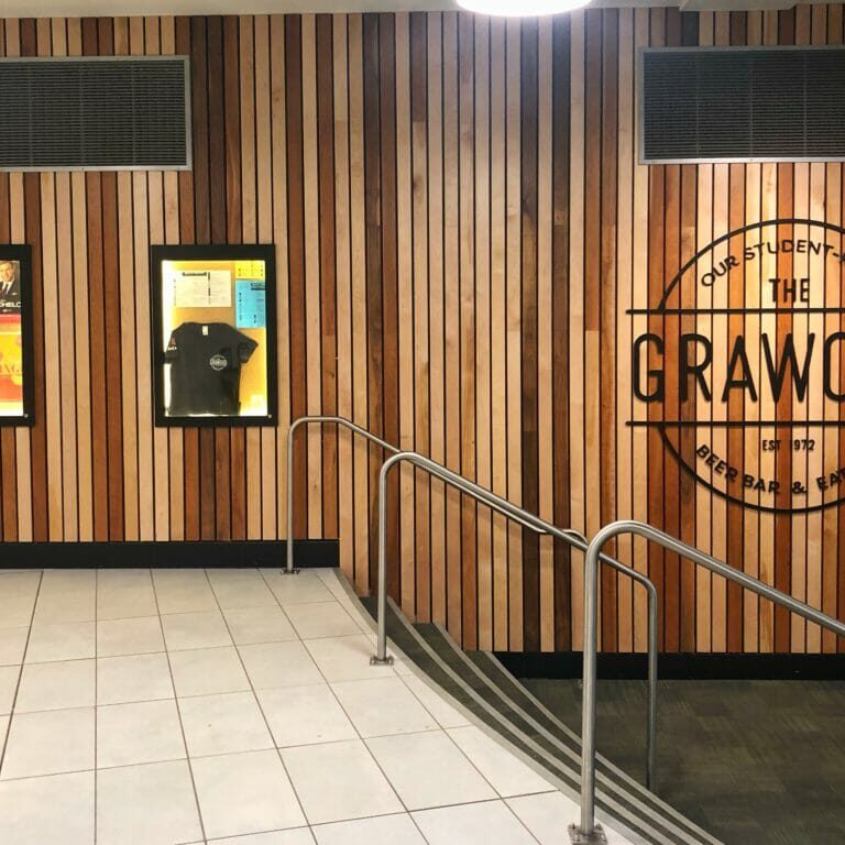 In this image: The outside of the Grawood.