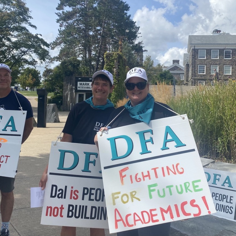 Three professors protest outside Killam Library near Dalhousie University in Halifax, Nova Scotia, on Friday, Sept. 5, 2025.
Image credit: Hannah Schneider/The Dalhousie Gazette