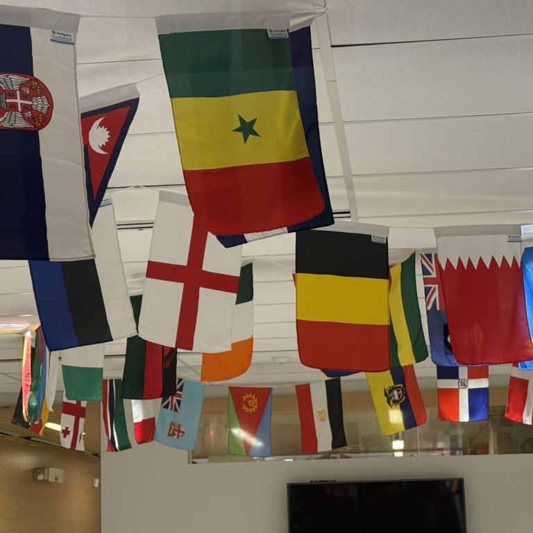 Flags hang from the ceiling of the International Centre at Dalhousie University on Nov. 13, 2025. (Jonas May/The Dalhousie Gazette)