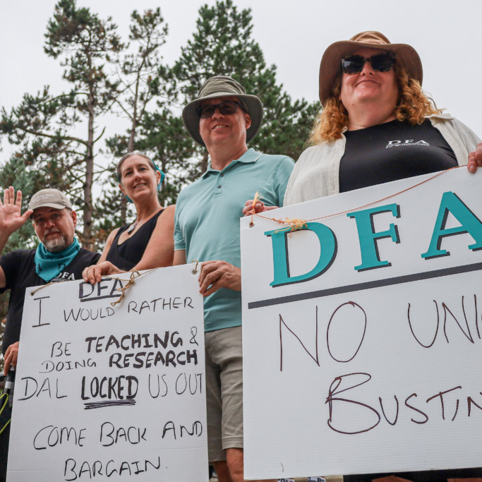 DFA members rally for a collective agreement at Dalhousie University in Halifax, N.S., on Sept. 5, 2025. (Jenna Olsen/The Dalhousie Gazette)