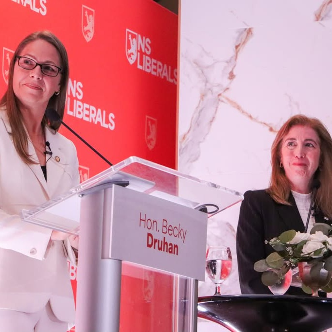 Becky Druhan, left, and Amanda Mombourquette during the 2026 Nova Scotia Liberal leadership debate at the Halifax Tower Hotel on Oct. 1. (Lukas Kohler/The Dalhousie Gazette)