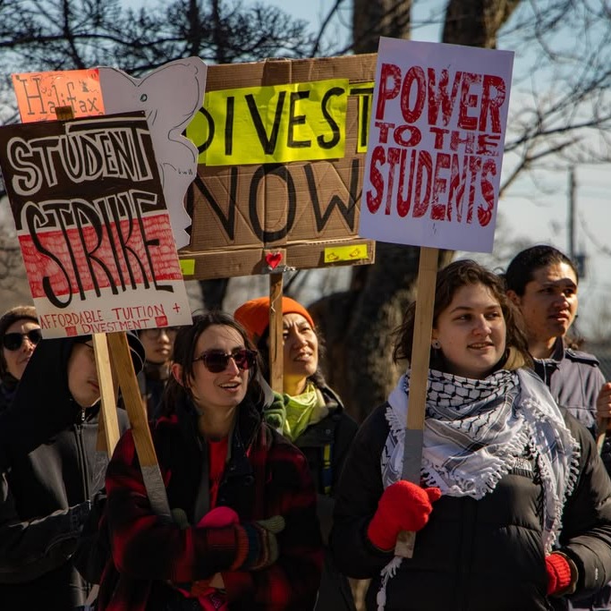 Nova Scotia Student Strike rally-goers march on Dalhousie University's Studley Quad in Halifax on March 18, 2026. (Lukas Kohler/The Dalhousie Gazette)