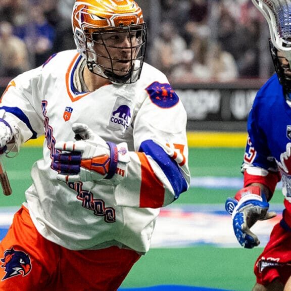 Halifax Thunderbird Nonkon Thompson and Caelan Mander apply pressure to Georgia Swarm forward Seth Oakes on March 1, 2024. Photo by Halifax Thunderbirds.