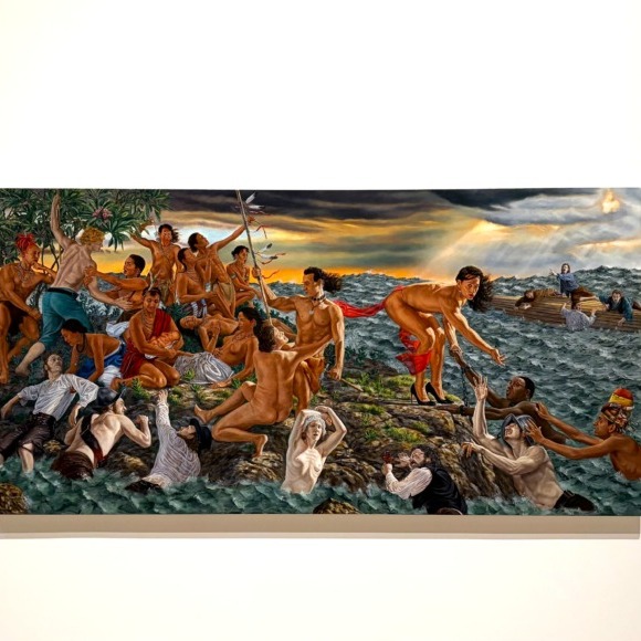 Kent Monkman's 2019 painting Welcoming the Newcomers is displayed at the Art Gallery of Nova Scotia in Halifax, Nova Scotia, on Sept. 11, 2026. (Jacqueline Graif/The Dalhousie Gazette)