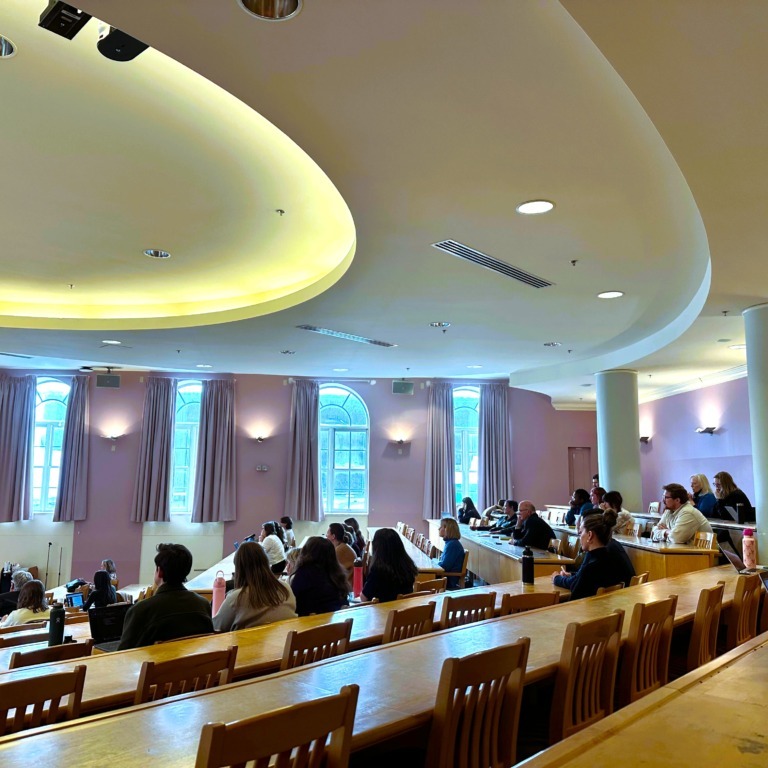 Students and faculty gather in Alumni Hall at the University of King's College in Halifax, Nova Scotia on Friday, March 13, 2026. The university concluded its search for a new president on Friday, following a week of presentations from three finalists. (Claire Kelly/The Dalhousie Gazette)