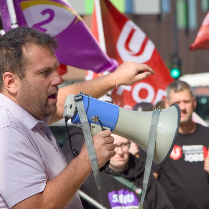 Protesters gather outside the office of Halifax MP Shannon Miedema in Downtown Halifax Nova Scotia on Oct. 2, 2026 after proposed changes to federal strike legislation. (Ferris Kerr/the Dalhousie Gazette).