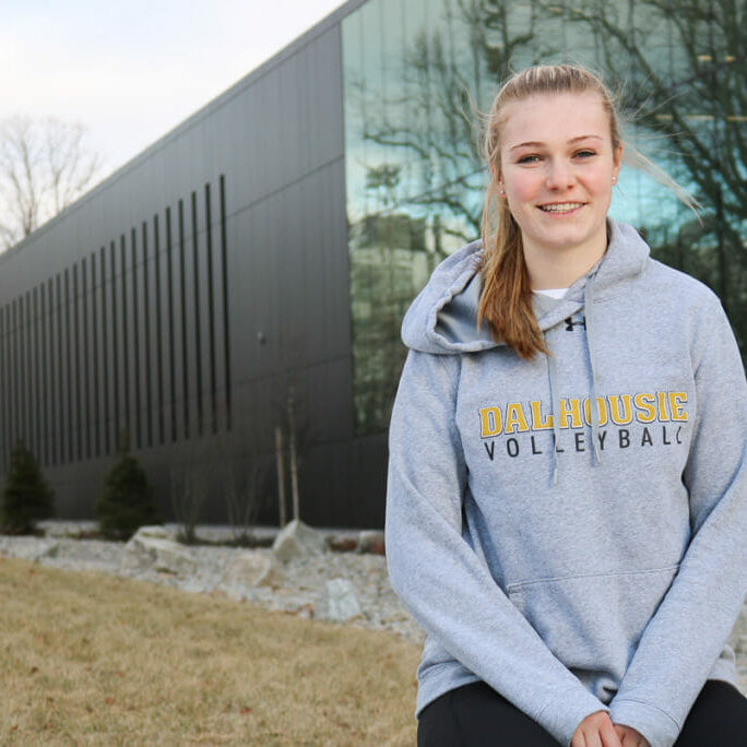 In this image: Mieke DuMont in front of the Dalplex.