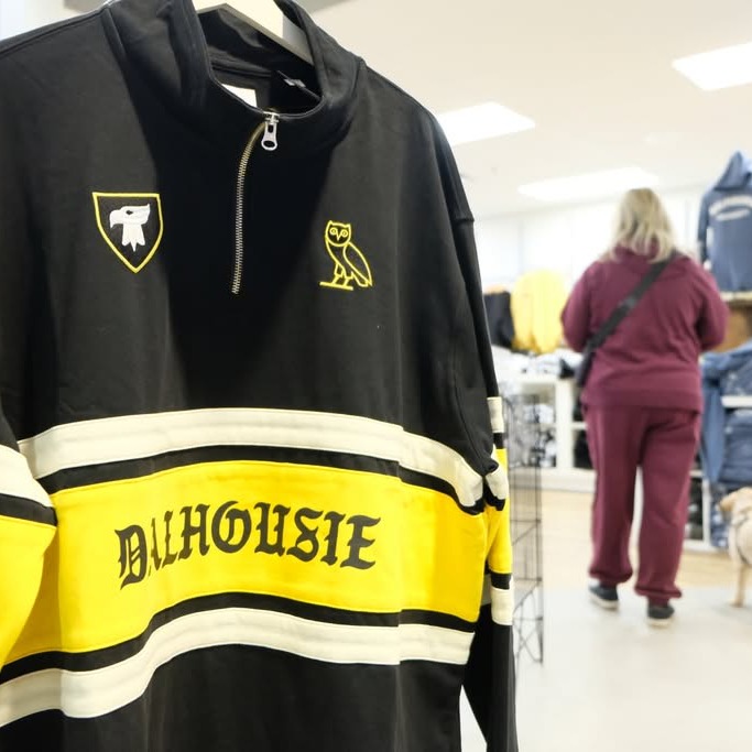 A $178 rugby pullover from the Dalhousie-OVO Campus Collection is displayed at the Dalhousie Bookstore in the Student Union Building in Halifax, Nova Scotia, on Thursday, Sept. 4, 2026. (Dylan Follett/The Dalhousie Gazette)