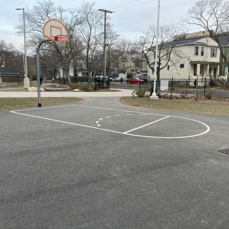 Overbook1_Luke Dyment The Dalhousie Tigers’ basketball and volleyball teams will play at LeMarchant-St. Thomas Elementary
School’s outdoor basketball court for the foreseeable future. (Photo by Luke Dyment)