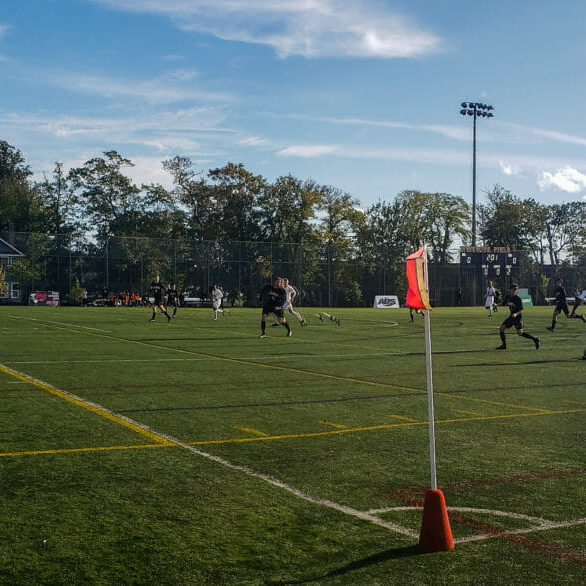 In this image: A game between Dalhousie University’s men’s soccer team and the Cape Breton Capers during the 2019-2020 season.