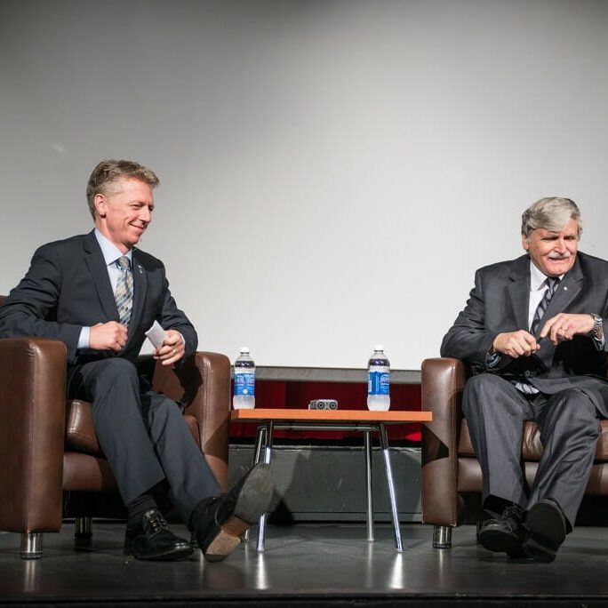 James Orbinski (left) and Romeo Dallaire (right) spoke to a full McInnes Room (photo by Mel Hattie)