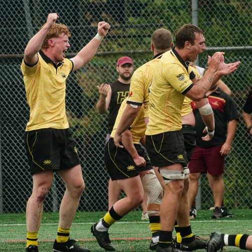 Rugby Nationals A group of Dalhousie University men’s rugby club celebrate a turnover by Mount Allison University on Sep. 7 at Wickwire Field in Halifax, NS. Dal earned a spot at nationals for the first time in their program’s history. (Photo from Dalhousie University men’s soccer team’s Instagram).
