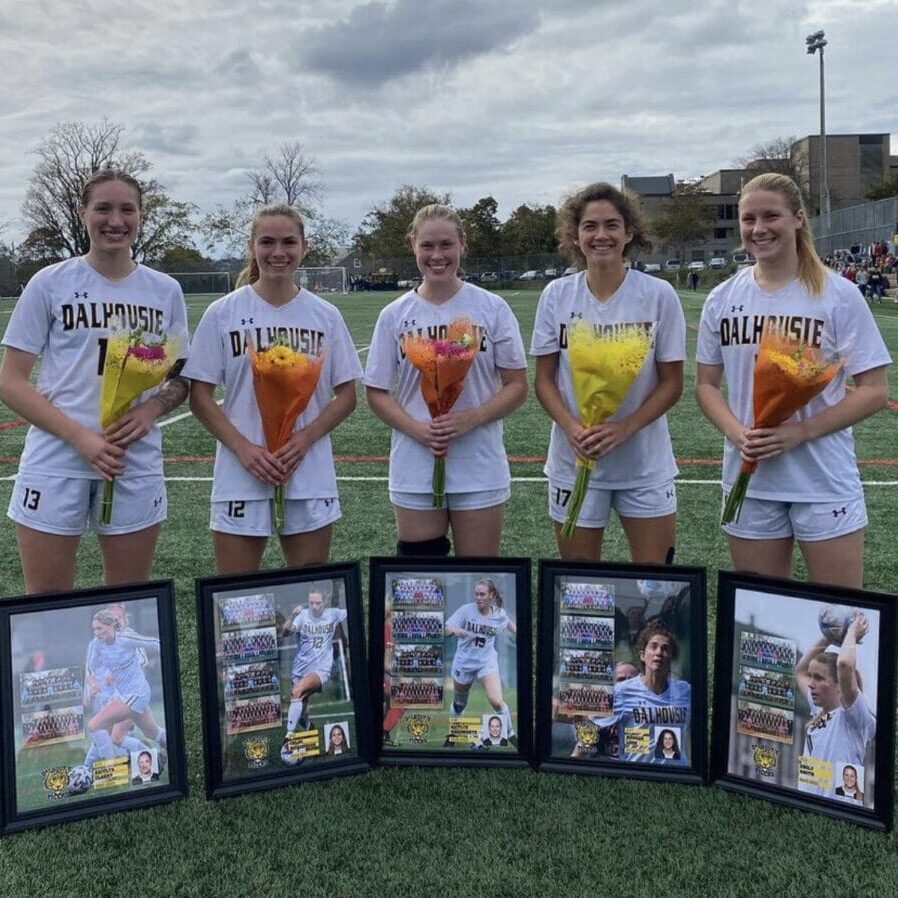 Morgan Leon and fellow graduating Tigers women's soccer players at their senior celebration game. Image credit: Dal women's soccer on Instagram.