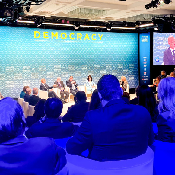 Panelists speak at the Halifax International Security Forum at the Westin Hotel, in Halifax, Nova Scotia, on Saturday, Nov. 22, 2025. (Hannah Schneider/The Dalhousie Gazette)