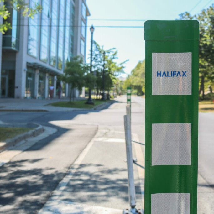 In this image: A close-up of one of the new green barriers on bike lanes.