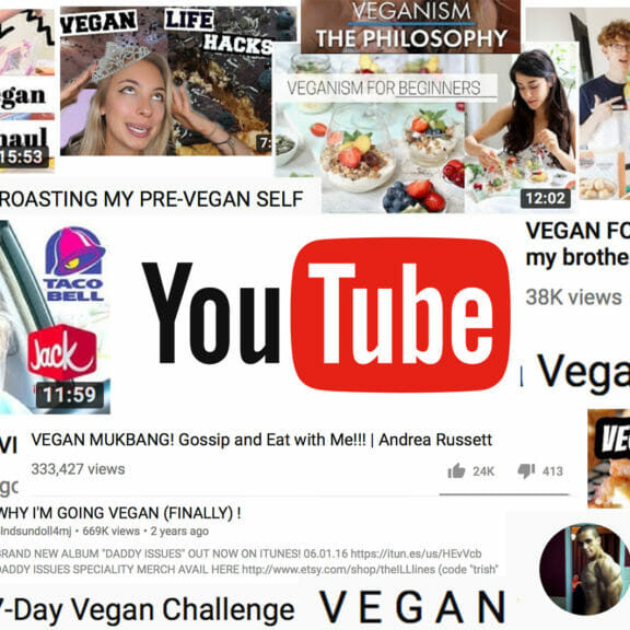 In this image: collage of Vegan YouTube video thumbnails.