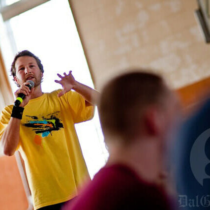 Jamie Arron grabs a mic during O-Week