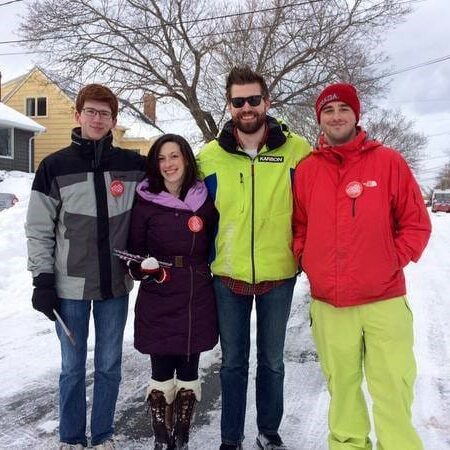 Pictured: Political addict Edgar Burns (red jacket) canvassing nearly a year before the election, a time when more sensible law students were studying for their 100% finals. (Photo contributed)
