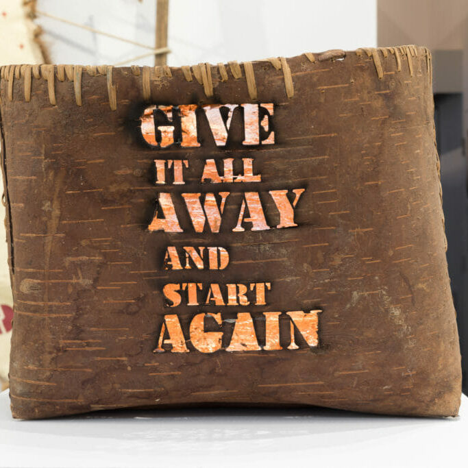 Tania Willard, Basket Rescue Operation (talking to Peter 
Morin and remembering Dana Claxton’s talk for the BCMA in Whistler) from the series 
Only Available Light, 2016. Birch bark basket (reclaimed from antique store), cedar root, 
copper foil, laser cut text.