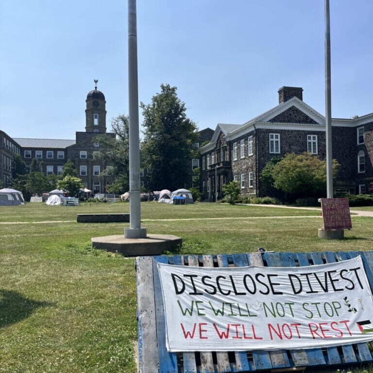 A sign calling for Dalhousie to divest from any and all investments linked to Israel sits on Dalhousie’s Quad (Image by a student who wants to remain anonymous)