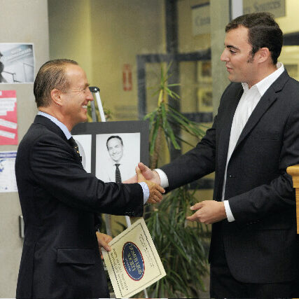 John McCall MacBain (left) meets with David Taylor, a MacBain scholarship recipient. Photo supplied by Dal Media Centre.