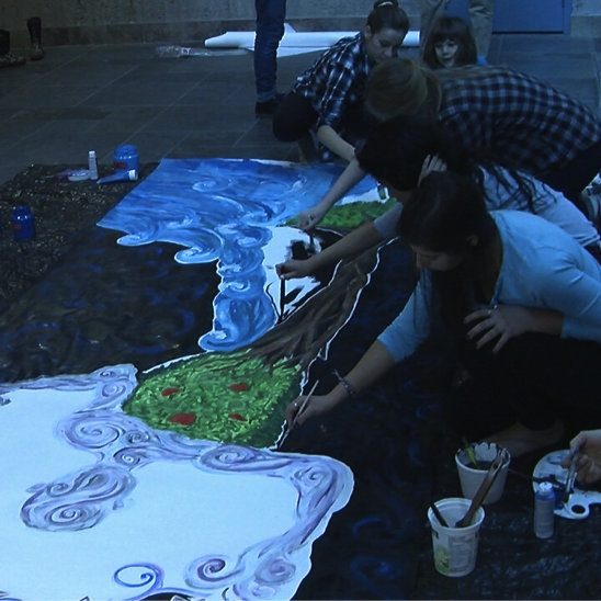 Halifax volunteers work on a mural for the Blue Dot movement. (Photo: Rebecca Hussman)